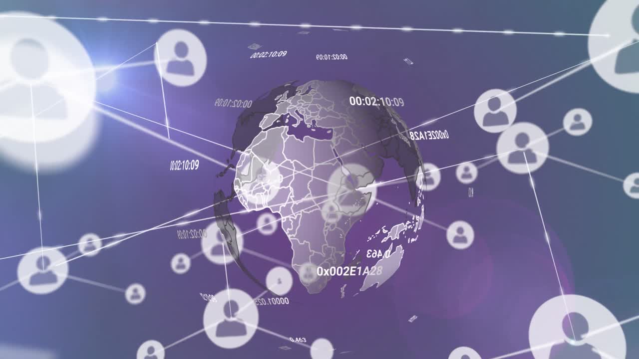 animación de una red de iconos de perfil sobre un globo giratorio y manchas de luz de colores