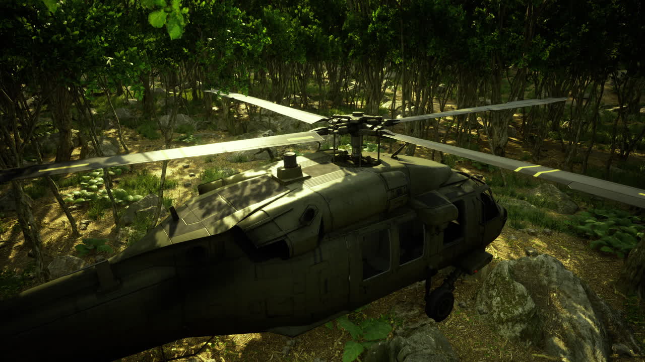 낮 시간 에 밀집 한 숲 위 를 날아다니는 군용 헬리터