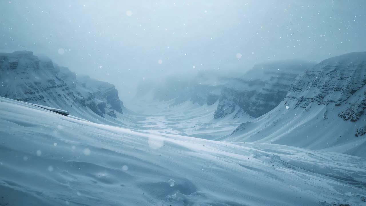 Pushing camera starting to reveal snowpacked U-shaped valley, wind-sculpted drifts and falling snow