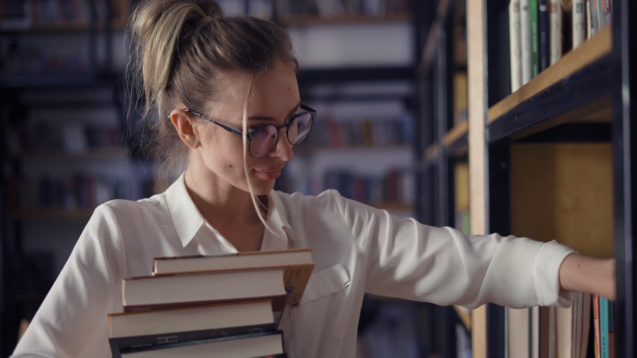 mujer atractiva sosteniendo una pila de libros en la biblioteca, buscando otro