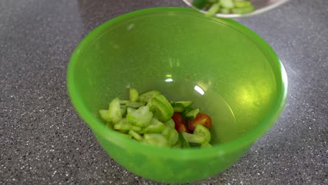 Making vegan salad with chopped tomatoes and cucumbers
