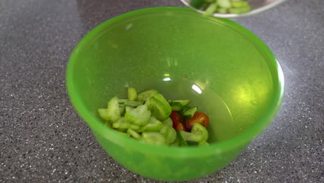 making vegan salad with chopped tomatoes and cucumbers