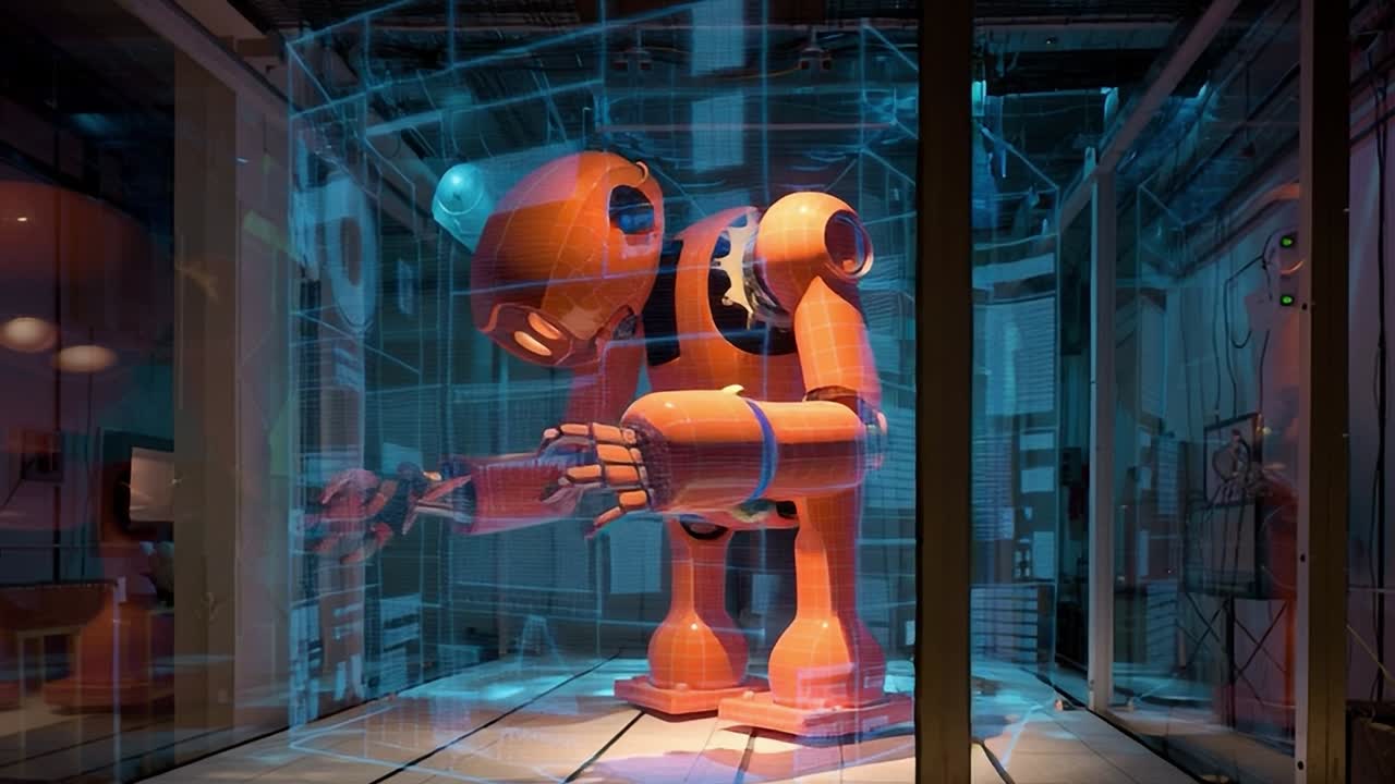 Modello di robot in uno studio di design futuristico con configurazione tecnologica avanzata.