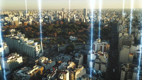 toma aérea de drones del concepto futuro con líneas digitales brillantes que conectan la ciudad - hermoso parque natural con árboles rodeados de edificios y rascacielos de buenos aires - imágenes de prores