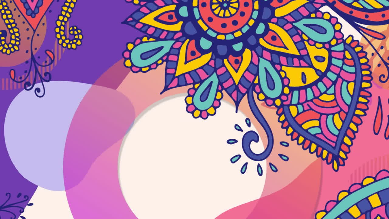 Animazione di ruote con motivo multicolore su sfondo viola e rosa.