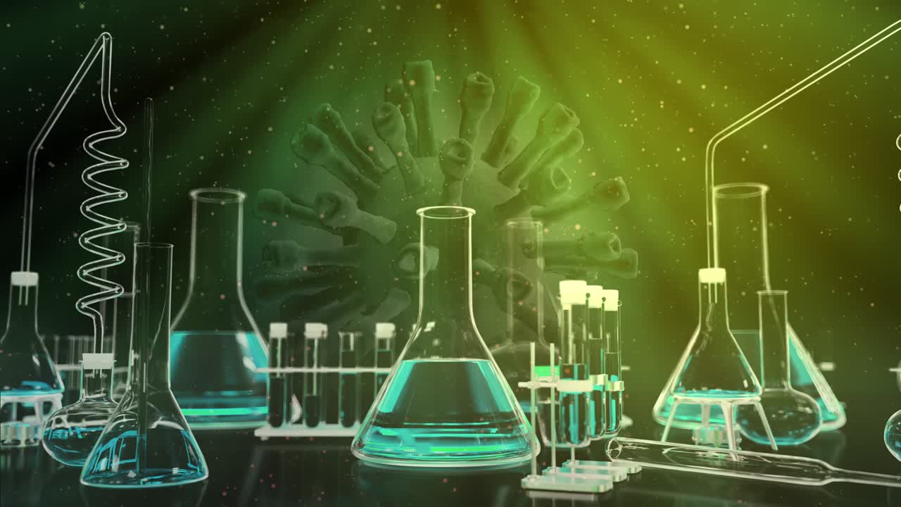 코로나바이러스 코로나19 녹색 배경 원활한 루프 비디오, 움직이는 바이러스 배경의 테스트 튜브 - 60fps 4k uhd 3d 루프 가능한 애니메이션