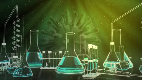 coronavirus covid-19 fondo verde video de bucle sin costuras, tubos de ensayo en el fondo del virus en movimiento - 60 fps 4k uhd animación en bucle 3d