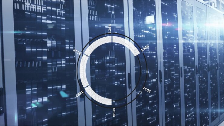 Data processing animation over rows of servers in technology facility
