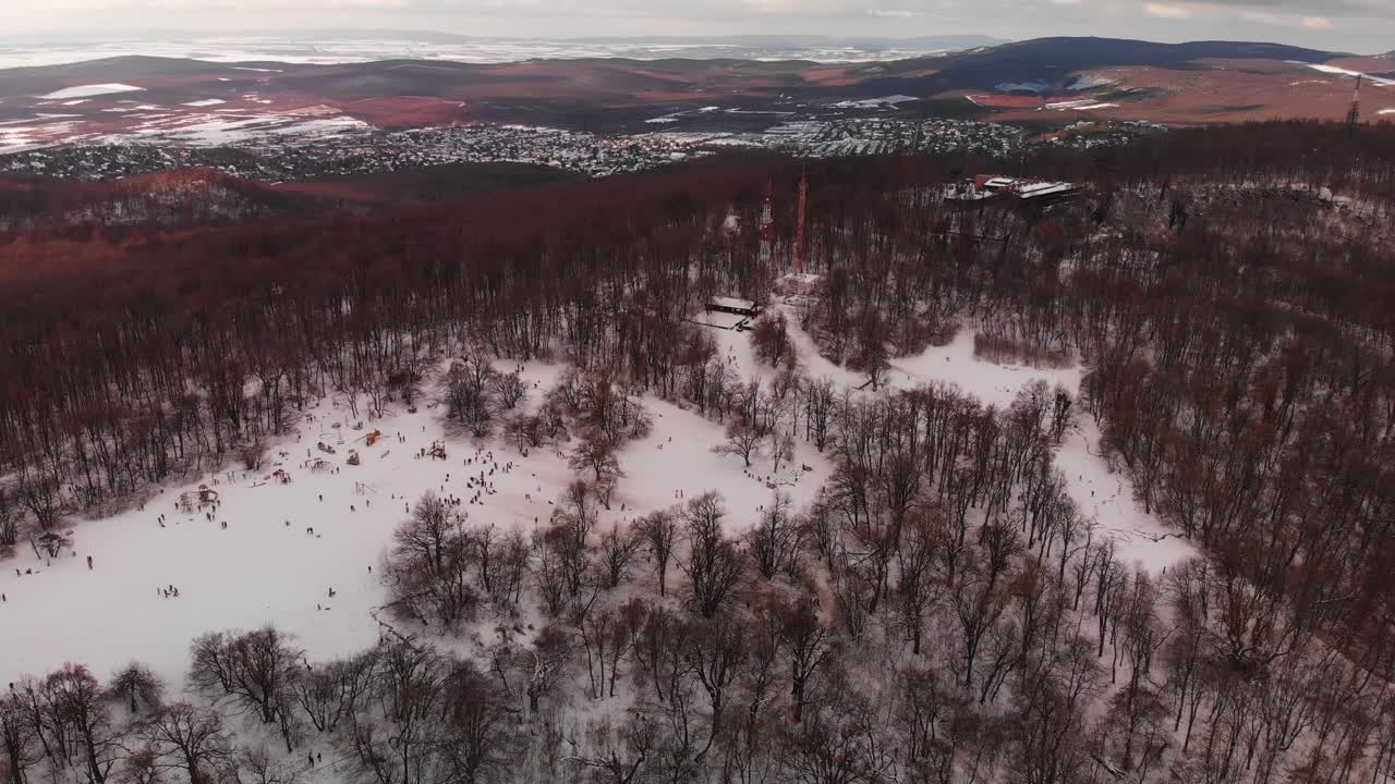 Horizontal aerial pan with emerging above a beautiful glade in the forest on a snowy hill revealing people playing, sledging, hiking and the beautiful landscape