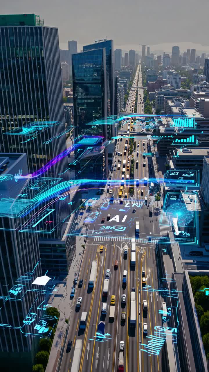 Vista aerea di un paesaggio urbano futuristico con sovrapposizioni digitali, che mostra concetti di tecnologia intelligente