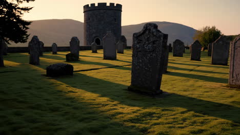 ancient carved gravestones in a historic graveyard at sunset
