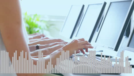 typing on keyboards, people working in office with sound wave animation over