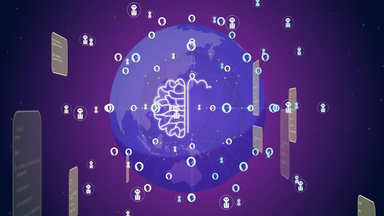 Animation of ai chat and data processing over globe on purple background