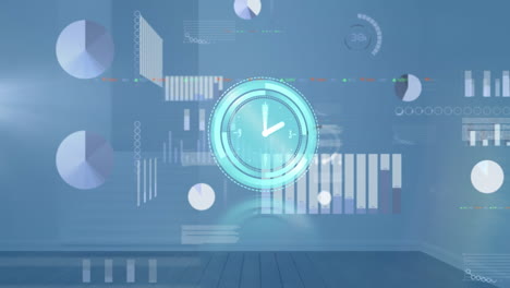animación de reloj en movimiento y procesamiento de datos diversos sobre fondo azul