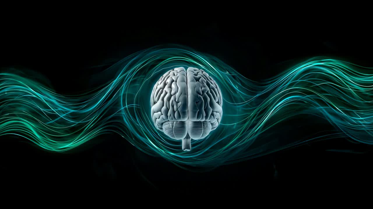 Appearing 3D brain rotating on black backdrop with green-teal waveform lines simulating signal flow