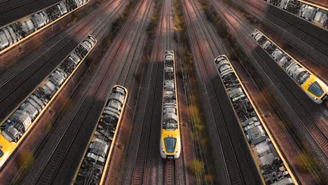 drone above pattern of many trains passing by multiply rails, aerial view above dynamic rails tracks and trains