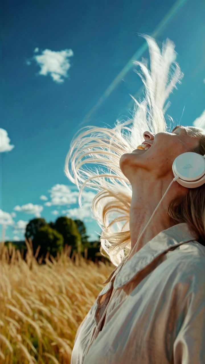 Low-angle video shot of a woman in a field, wearing headphones, hair flowing, capturing a carefree