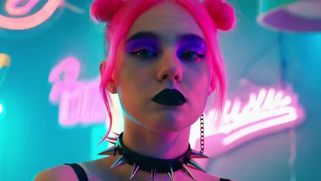 portrait of a woman with vibrant makeup and pink hair in a neon light setting.