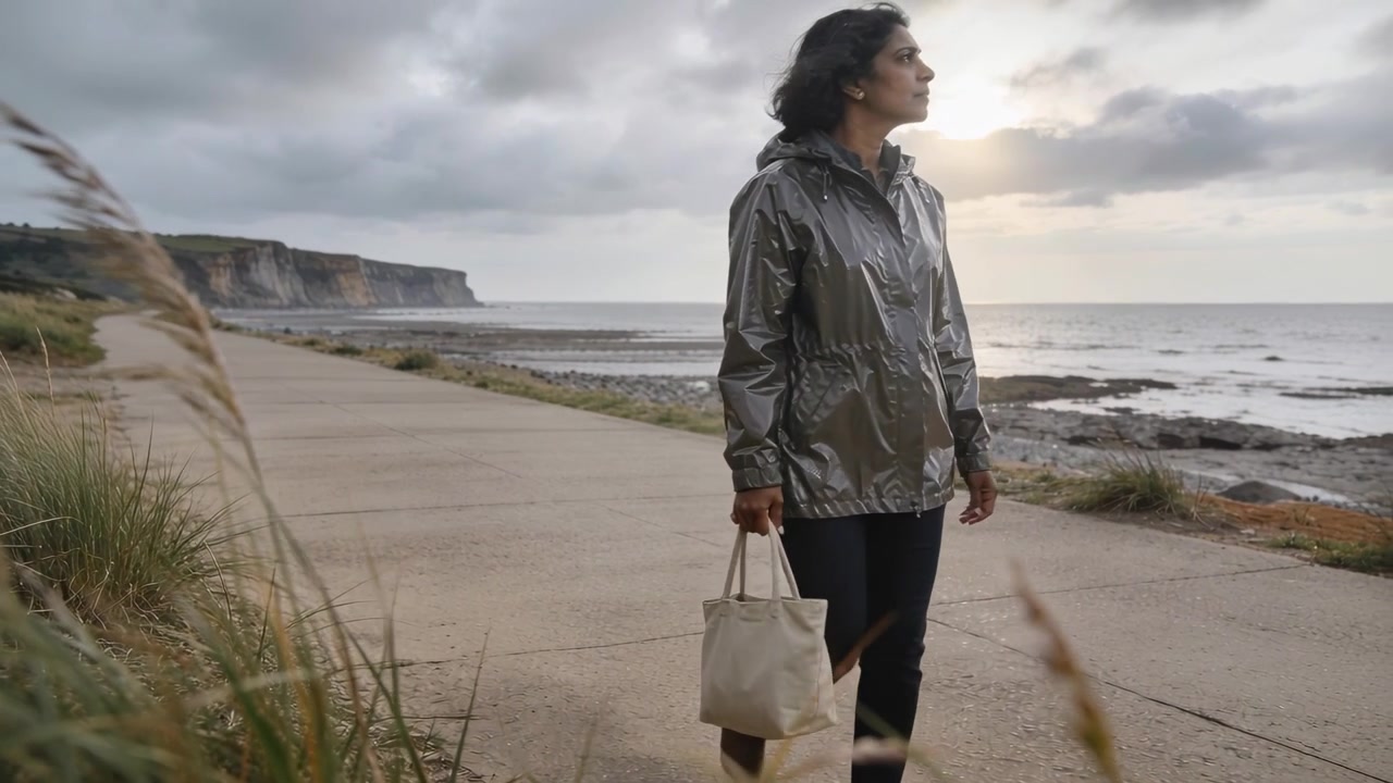 Donna che cammina guardando il sole basso su un sentiero costiero lastricato, con una borsa beige e un cappotto riflettente