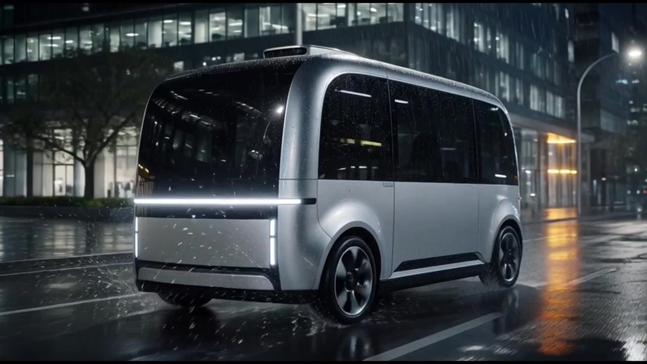 Navetta Elettrica Autonoma che Percorre le Strade Cittadine di Notte Sotto la Pioggia