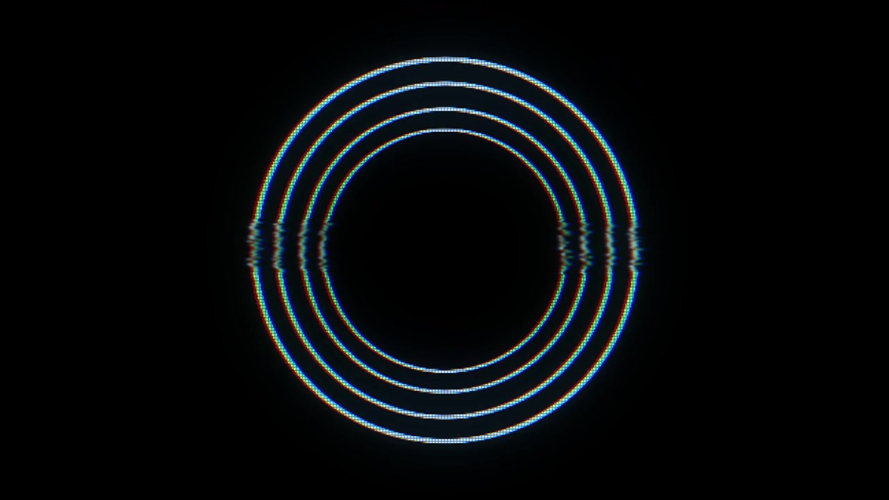 Glitch circular ring animation neon arcs rgb split distorted scan lines glowing center space tech