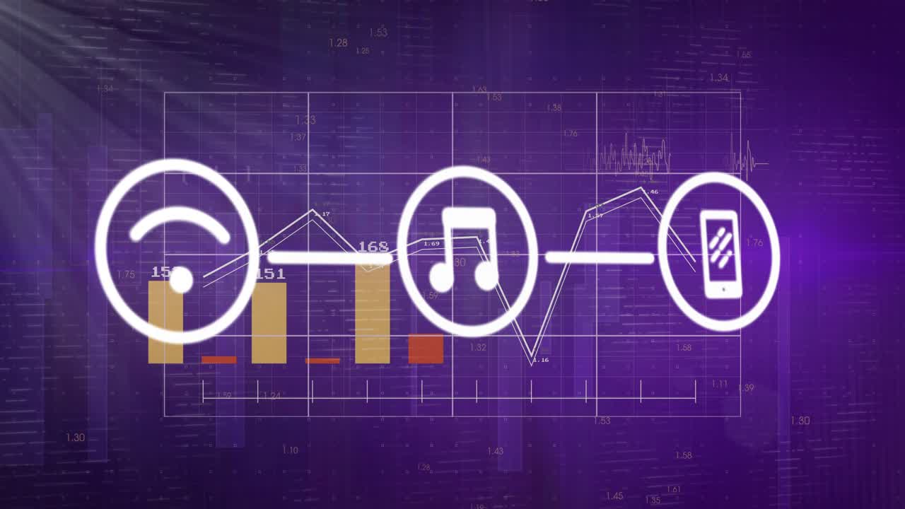Top-left light beam sweeping, chart animating with bars growing, icons revealing, showing trends