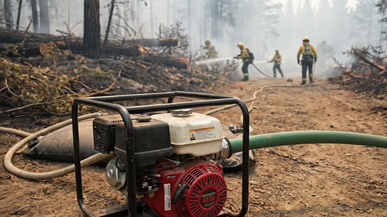 Vigili del fuoco impegnati a domare un incendio boschivo in una foresta fumosa con pompa ad acqua