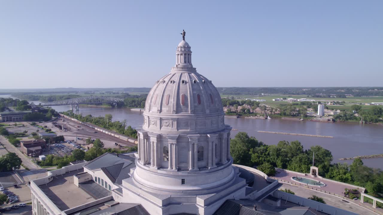 Discover the charm of Jefferson City's skyline and the iconic Capitol building from a bird's eye view.