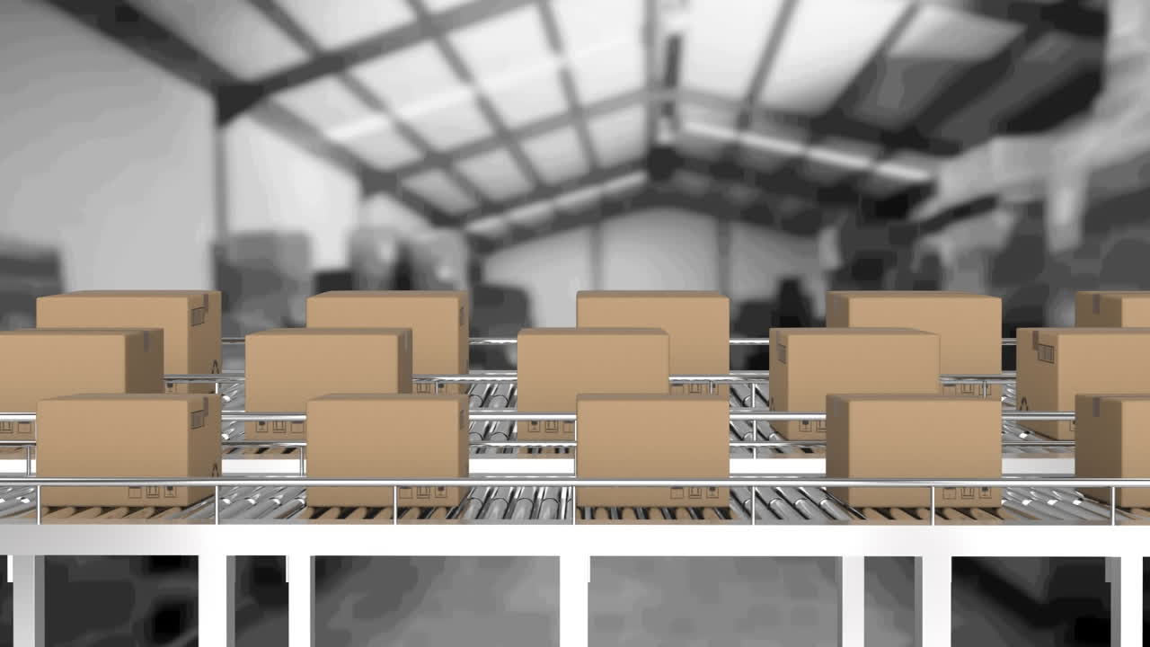 Animation of cardboard boxes moving on conveyor belts in warehouse