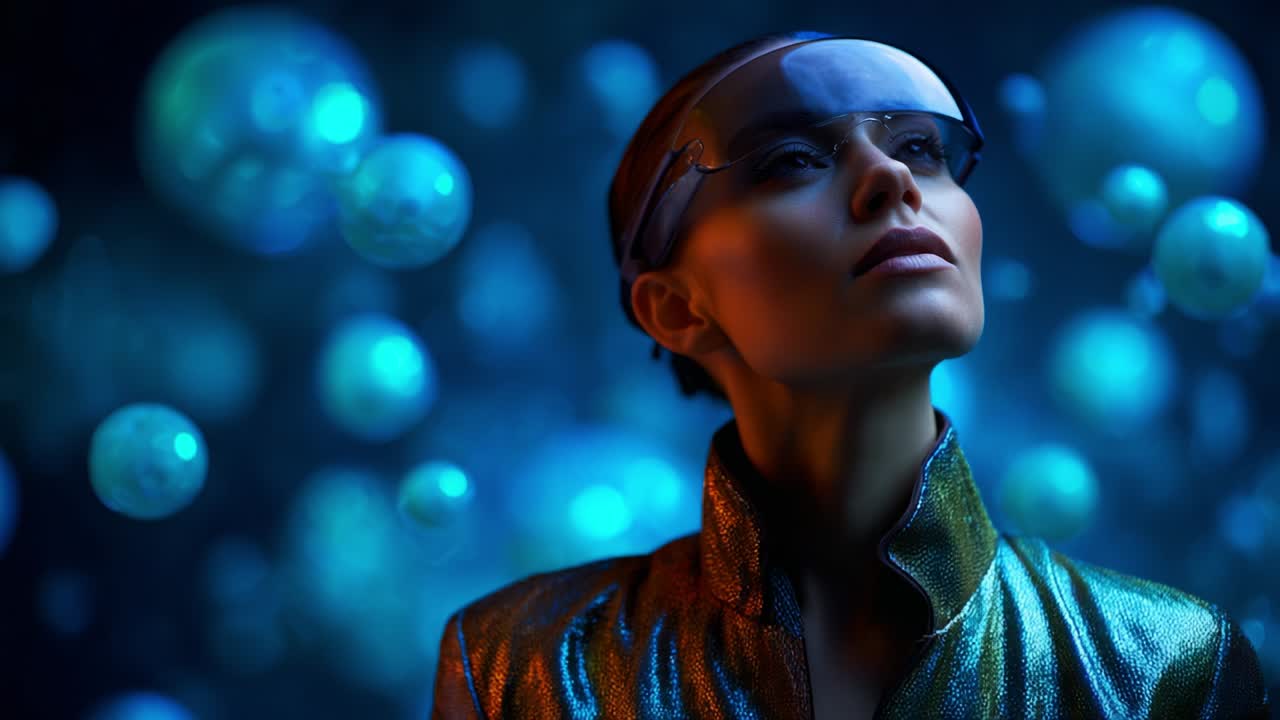 A futuristic visage adorned with sleek eyewear gazes upwards, surrounded by a mesmerizing array of floating bubbles in shades of blue, embodying the essence of innovation and style in a captivating visual narrative