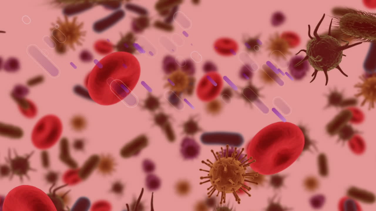 Animazione di celle in movimento su sfondo rosso