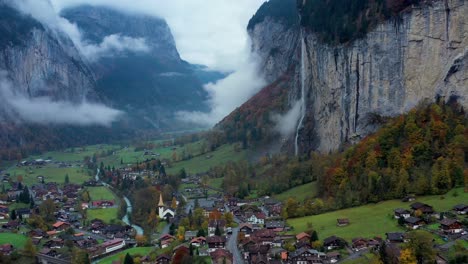 aerial of lauterbrunnen town located in the swiss mountains