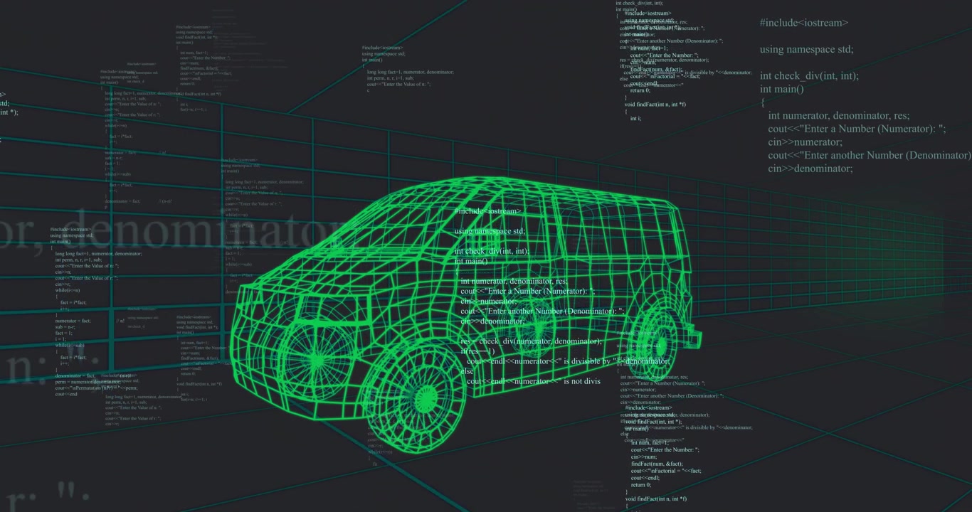 At start C++ code panels fading, scrolling around green wireframe van, 3D grid shifting for demo