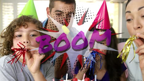 boom texto en la burbuja de habla contra la familia soplando sopladores de fiesta