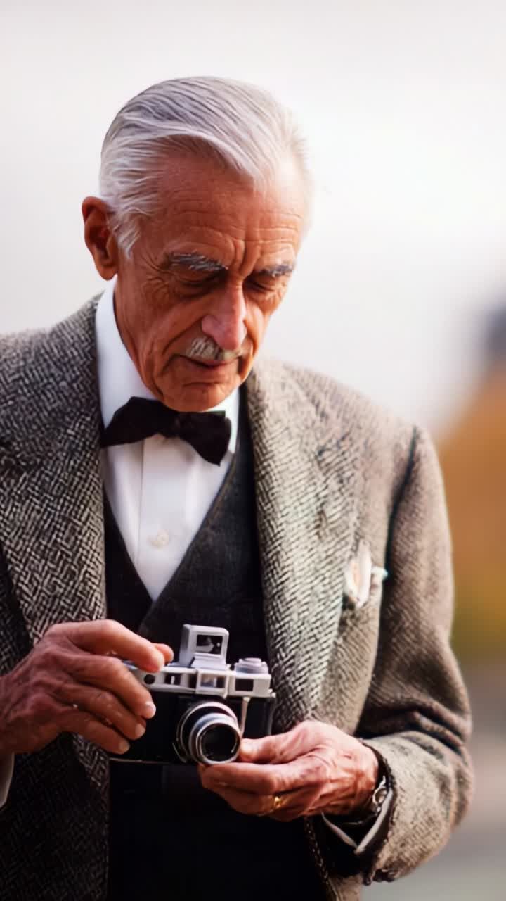 An Elderly Man in Vintage Attire Examining His Classic Camera, Capturing Moments with Precision and Style, Evoking Nostalgia for Photography's Golden Era