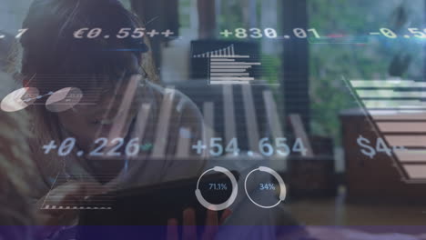 animación de una niña que usa una tableta con procesamiento de datos financieros