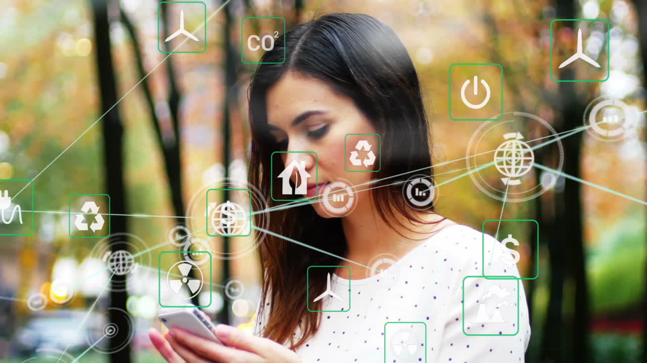 Using smartphone, woman with animation of digital network and eco-friendly icons