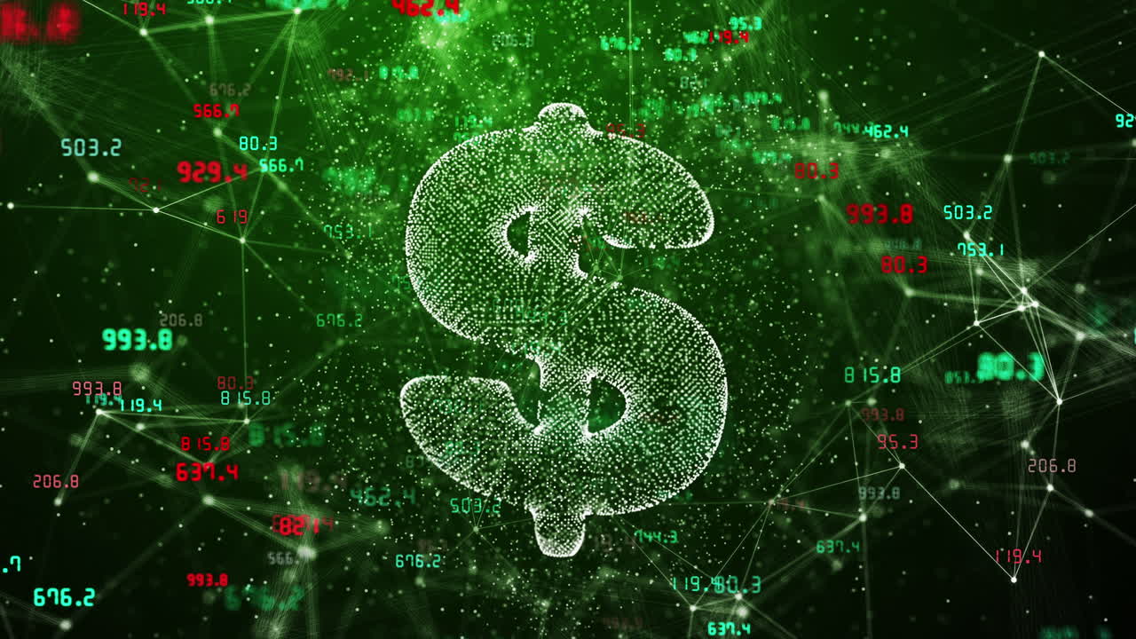 3D hologram of dollar icon on green background with plexus lines and dots. Values of financial indicators of stock exchange are constantly changing. Abstract space motion graphics.