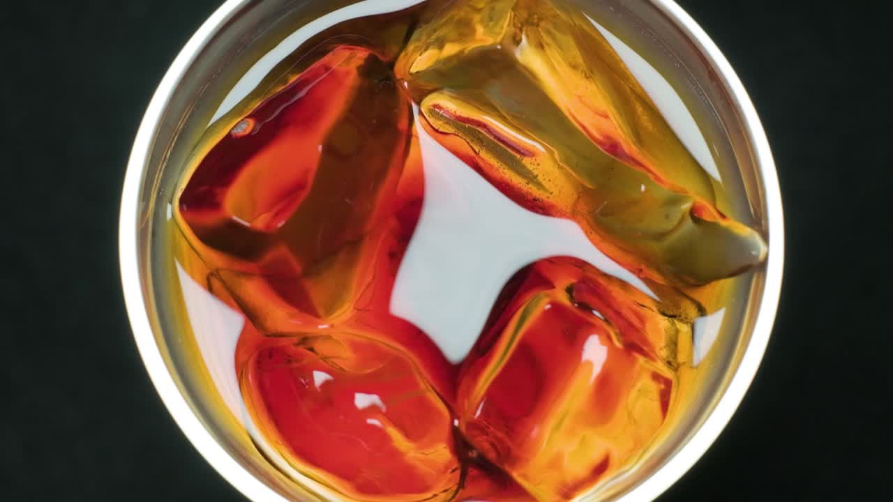 Primo piano, vista dall'alto di un bicchiere di whisky pieno di cubetti di ghiaccio, una singola goccia cade al rallentatore