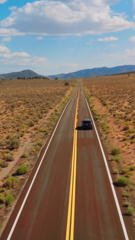 automobile moving by the two-lane road along the dry sandy landscape. bare mountains at backdrop of azure sky with fluffy clouds. vertical video