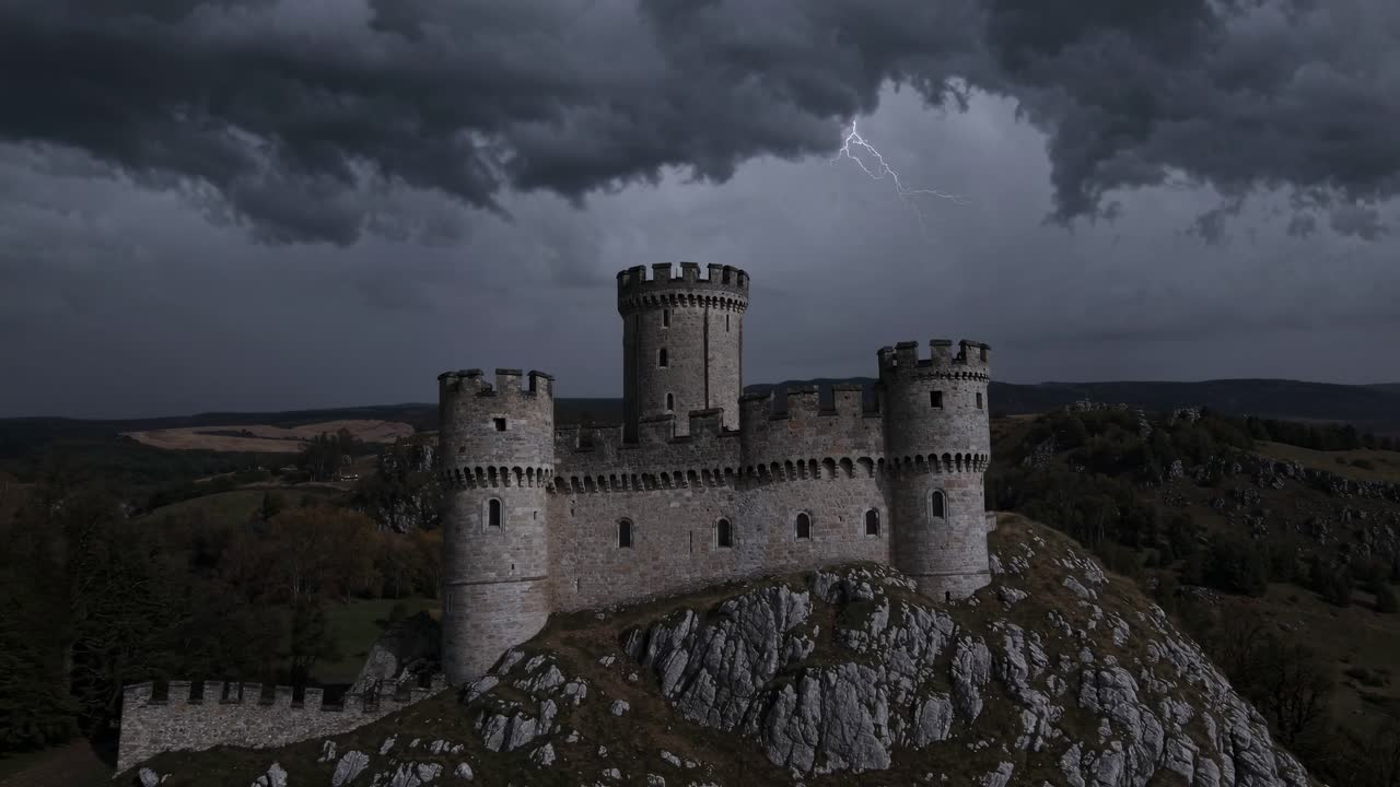 Dramatic aerial video of a medieval castle on a rocky hill, under a stormy sky with lightning