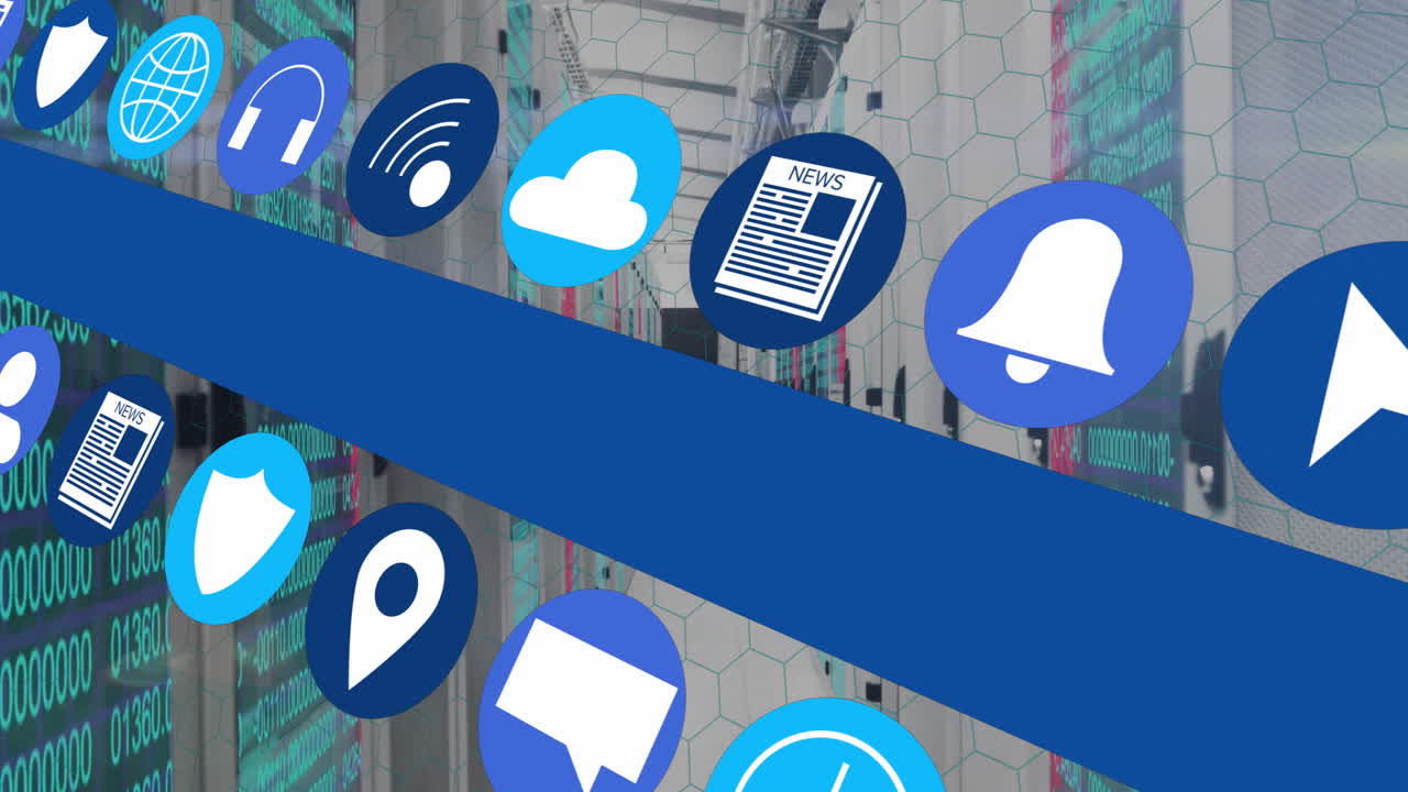 Floating digital icons in futuristic server room with hexagonal patterns and animation