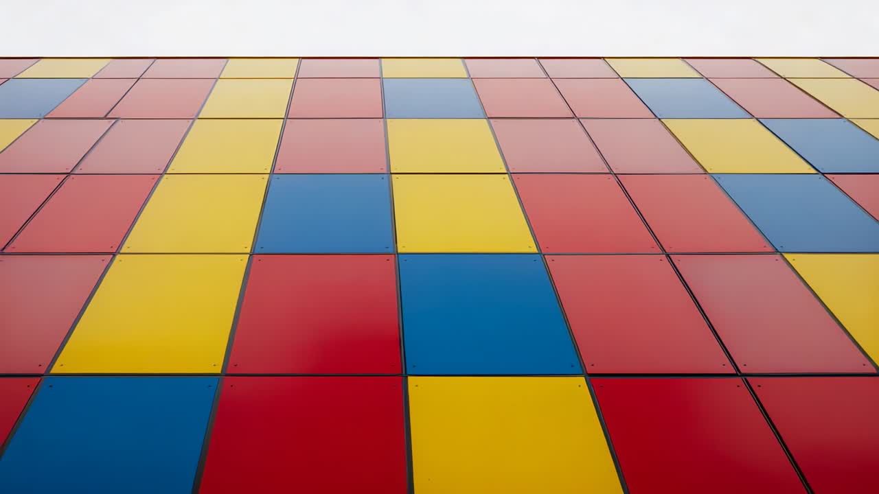 Recording fixed camera capturing red yellow blue panels at building exterior, with repeating grid