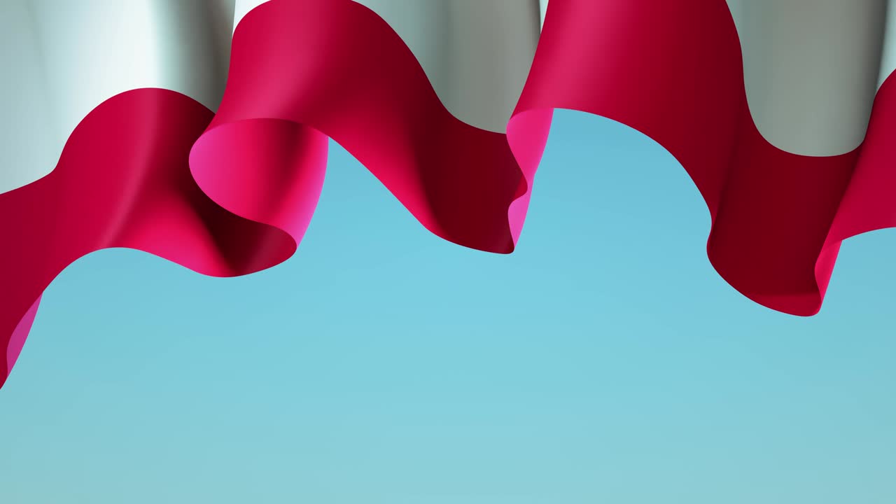 파란 하늘 위에 폴란드 발을 흔들며 발 디자인. 폴란드 국기를 흔들며 애니메이션 배경. 축제 애국적 디자인.