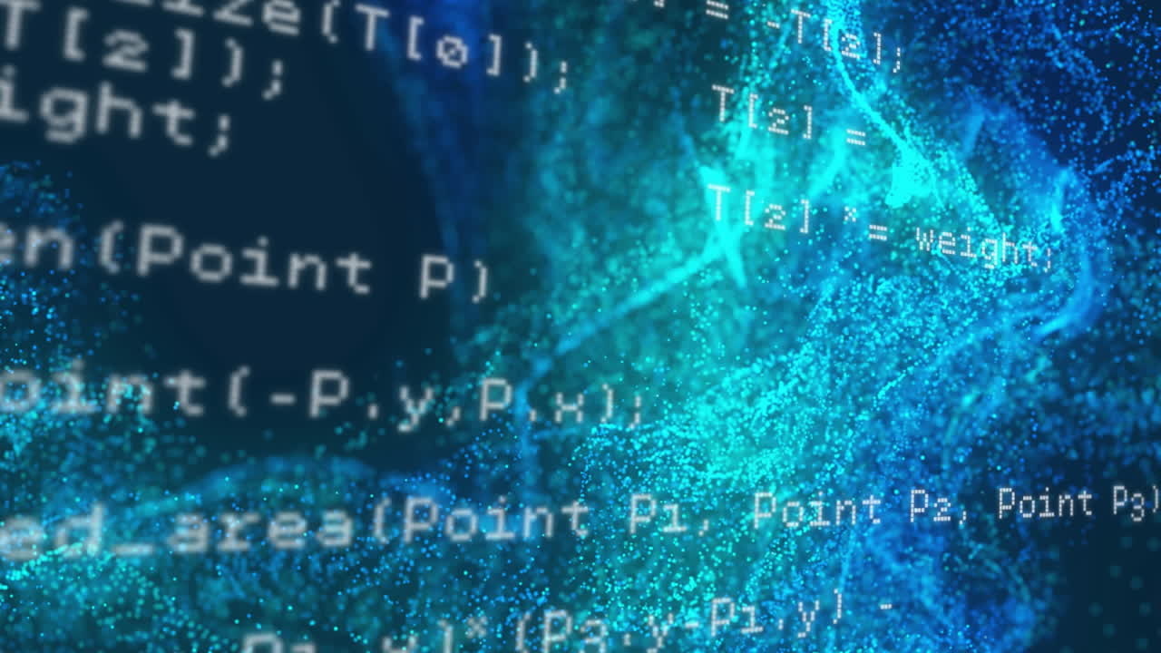 Animation of computer code overlaying digital blue particles forming abstract shapes