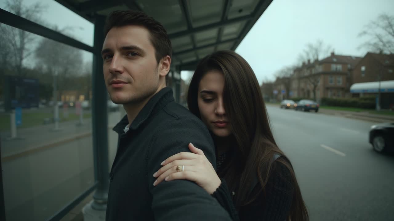 Cars passing as couple waiting at shelter man scanning street woman holding dark coats ring visible