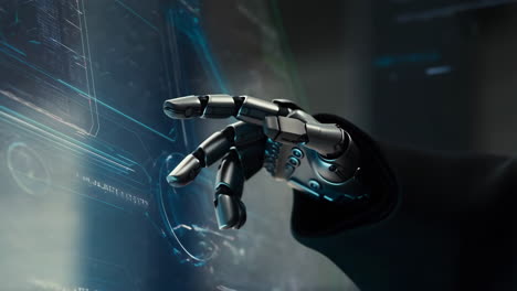 robotic hand interacting with futuristic digital interface
