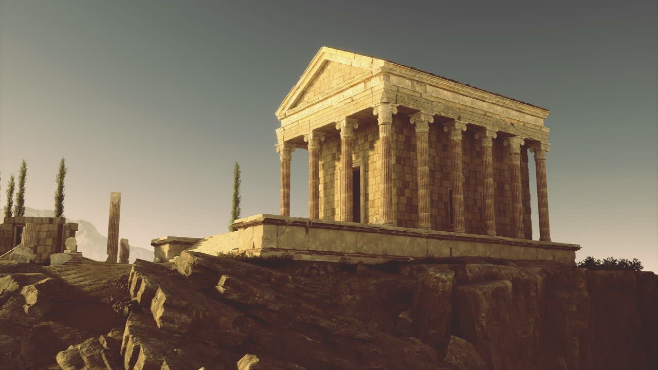 Ancient temple structure on rocky terrain during sunset in a serene landscape