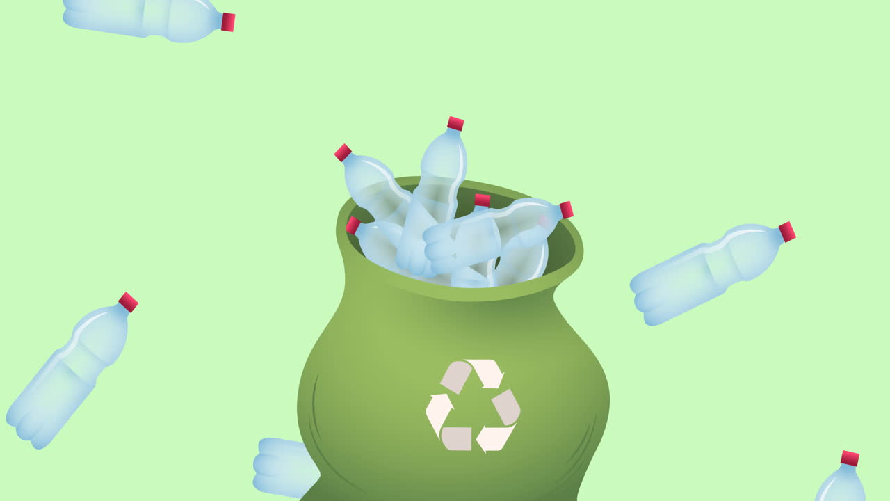 animación de una bolsa de reciclaje llena de botellas de plástico sobre fondo verde