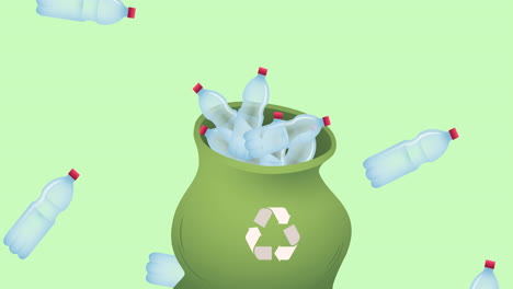 animation of recycling bag full of plastic bottles over green background